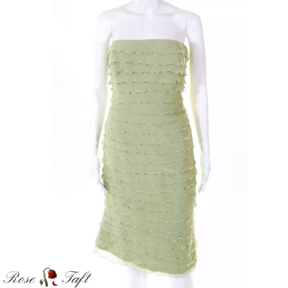 ROSE TAFT Chartreuse Tier Strapless Silk Dress